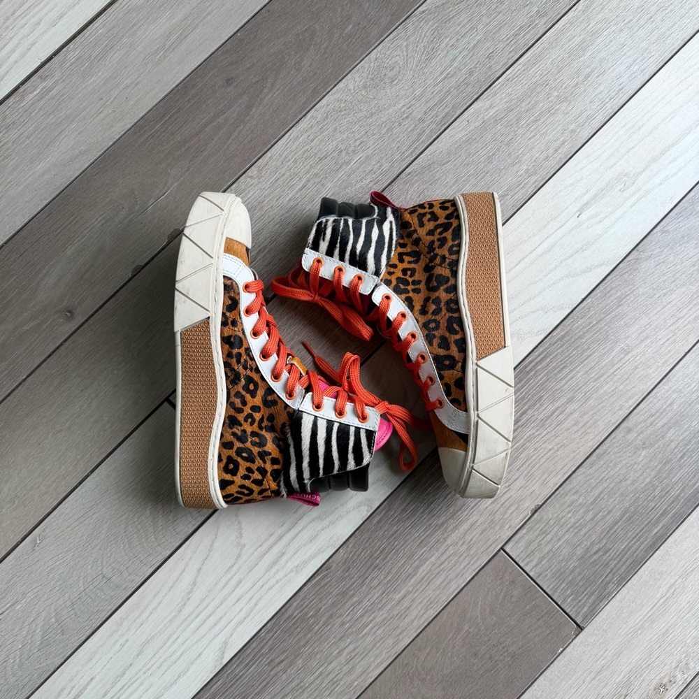 SCHUTZ Leopard & Zebra Print High-Top Sneakers with Orange Laces - Picture 2 of 11